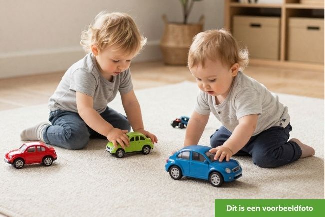 Een dreumes en een peuter spelen op een kleed met auto's.